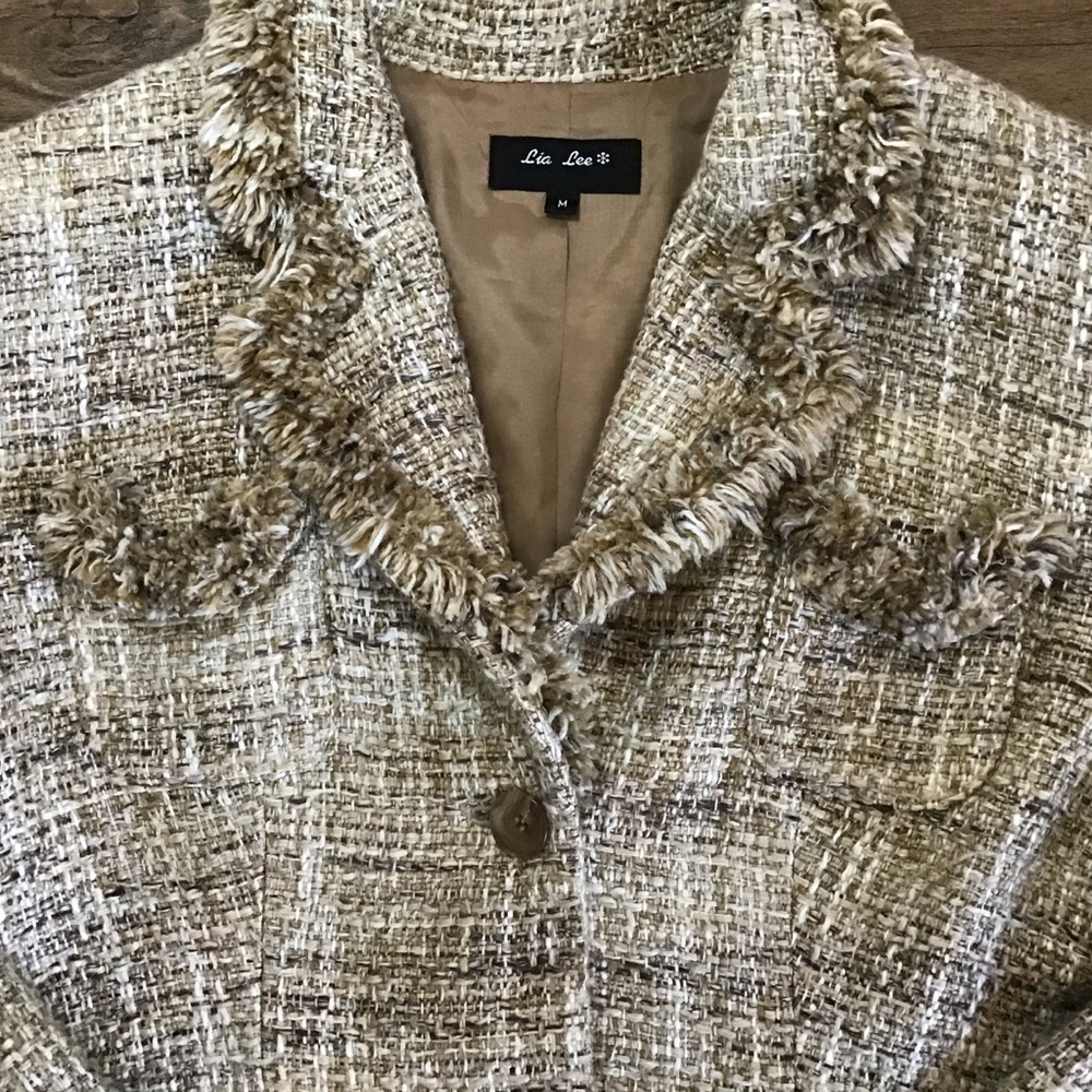 LIA Lee Blazer Size Medium Jacket Soft Tweed Fringe Button Down Tan Brown - Picture 7 of 12
